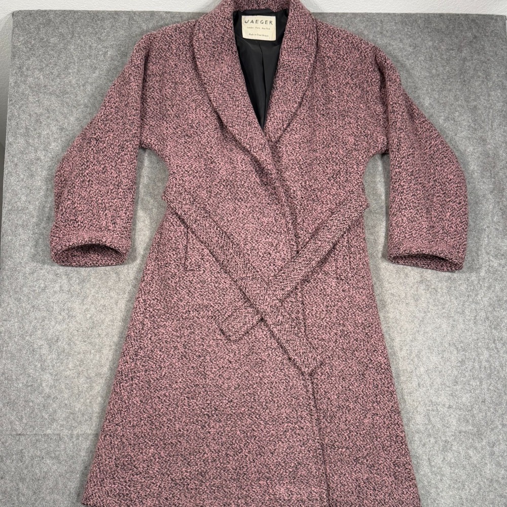 Vintage Jaeger Pink Black Boucle Knit Belted Long Pea Trench Coat Women's Size 6